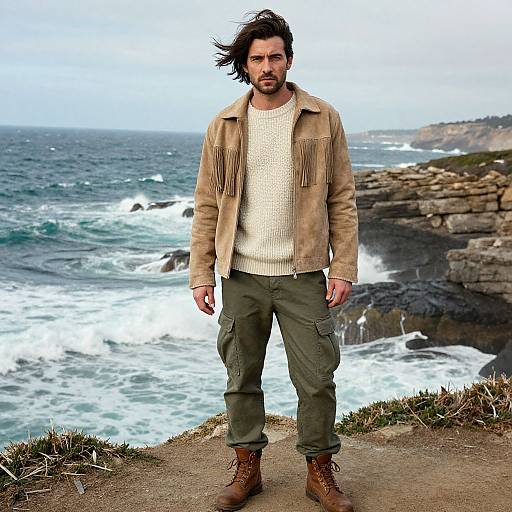 Man on Coastal Cliff in Vintage Style