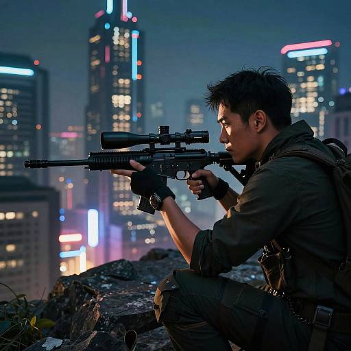 Cyberpunk Sniper on Rocky Outcrop