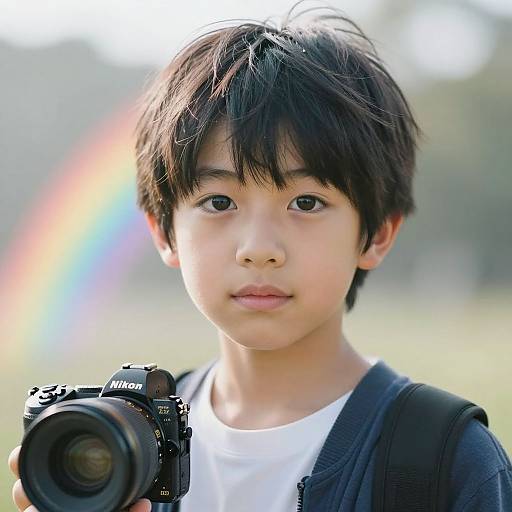 Photograph of an Asian boy with short black hair holding a Nikon camera, wearing a white shirt and black hoodie, with a blurred rainbow in the background