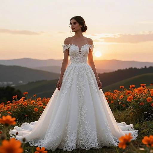 Bride in White Wedding Dress at Sunset