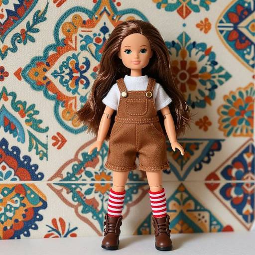 Confident Female Doll with Patterned Wall