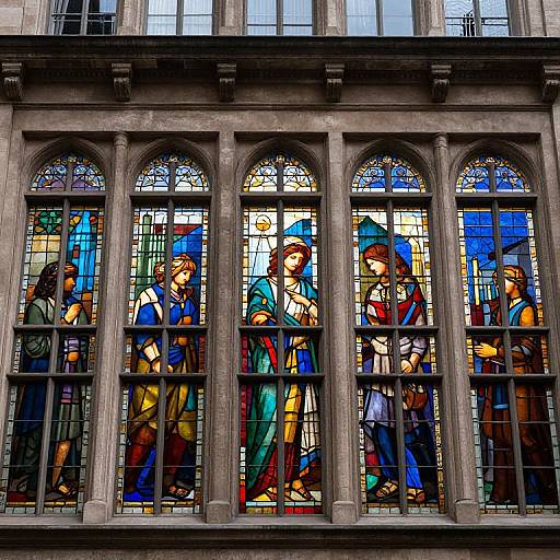 Vibrant stained glass window depicting biblical figures in colorful robes, set within an arched, stone-columned building facade.