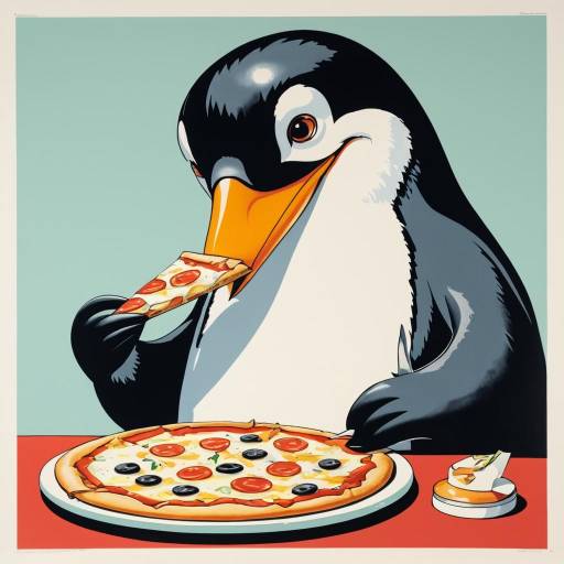 Anthropomorphic Penguin Eating Pizza Lithograph