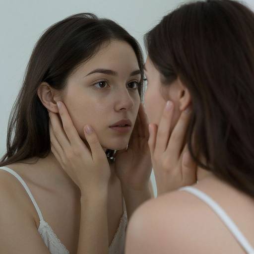 Photograph of two young women with pale skin and long dark hair, wearing white lace tops, gently touching each other's faces, gazing into each