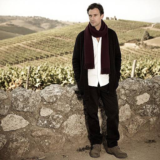 Contemplative Man in Vineyard Sepia