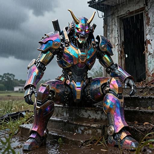 Photorealistic digital artwork of a colorful, armored, horned robot sitting on wet, rain-soaked steps of a dilapidated building.