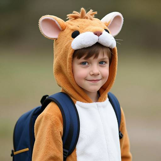 Photograph of a young boy with fair skin and brown hair, wearing an orange teddy bear onesie with white snout, and a blue backpack