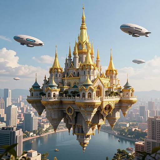 Fantasy CGI image: A golden, floating, Gothic-style castle with multiple spires and ornate details, surrounded by three airships, over a