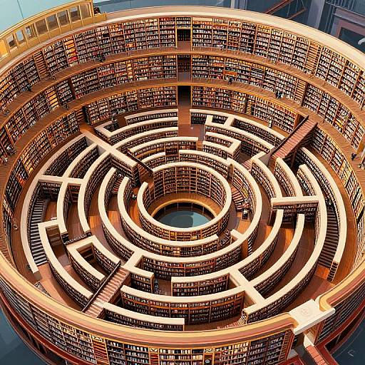 Photograph of a circular, multi-tiered library with illuminated, maze-like bookshelves and a central open area filled with books. Warm, golden