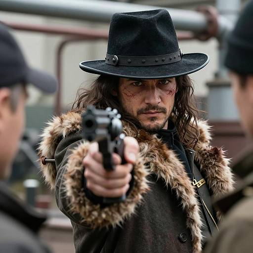 Man Pointing Revolver in Fur-Lined Coat and Black Hat