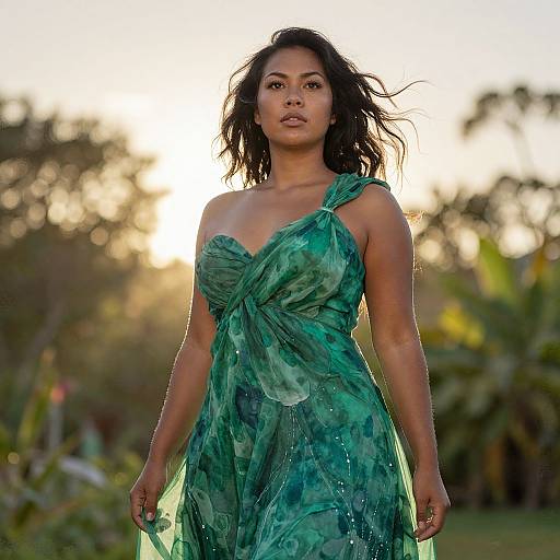 Photograph of an attractive, dark-skinned woman with wavy black hair wearing a one-shoulder, green, tie-dye dress, standing