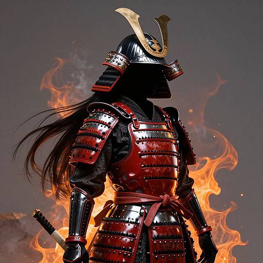 Photograph of a samurai warrior in red and black armor, with long black hair, standing in front of bright orange flames, wearing a traditional helmet