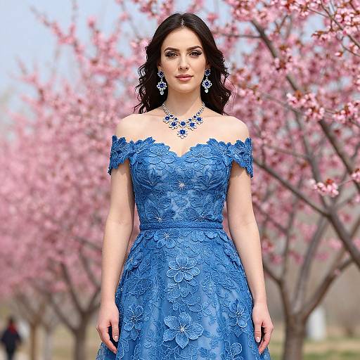 Photograph of a fair-skinned woman with dark wavy hair, wearing an off-shoulder, blue floral lace dress, and matching necklace,