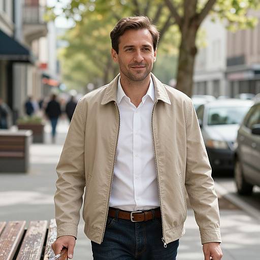 Photograph of a smiling Caucasian man with dark brown hair, wearing a beige jacket, white shirt, and blue jeans, walking on a sunlit urban