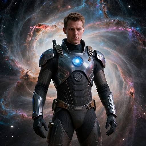 Man in Futuristic Time-Travel Suit with Nebula Background