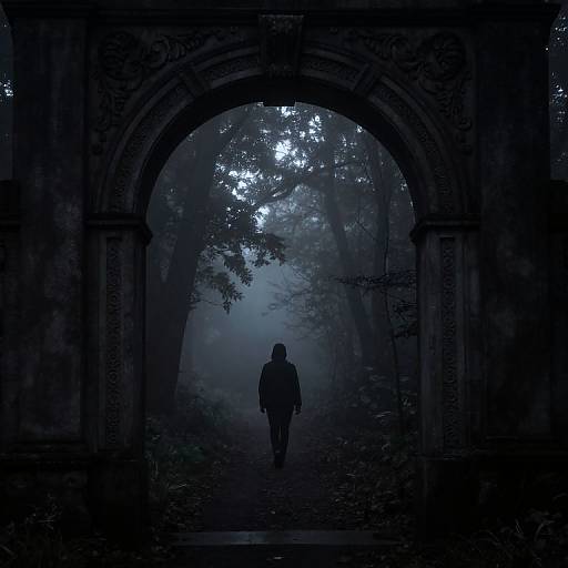 Silhouetted figure walks through a dark, misty, arched stone gateway into a foggy forest, illuminated by ethereal blue light.