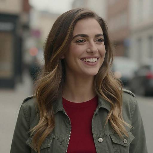 Smiling Woman with Wavy Hair in Green