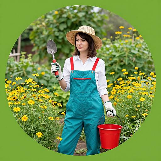 Photograph of a woman in green overalls, white shirt, straw hat, and gloves, holding a shovel and red bucket, standing amidst blooming