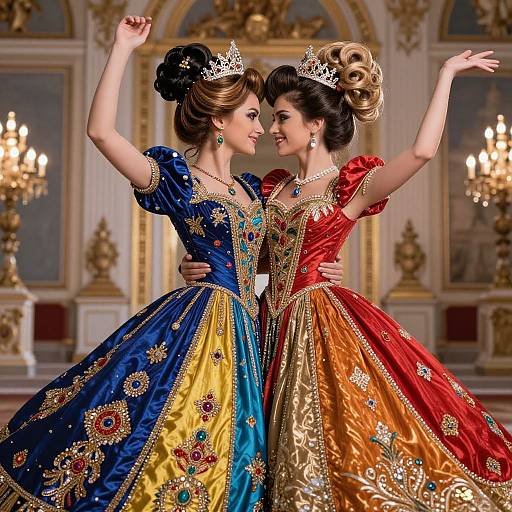 Photograph-like digital art of two elegant women in ornate royal gowns, blue and red with gold embroidery, dancing in an opulent room with