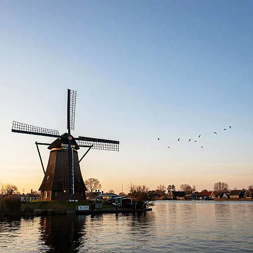 Photograph of a traditional Dutch windmill by a calm canal at sunset, with a flock of birds flying overhead, and a clear blue sky.