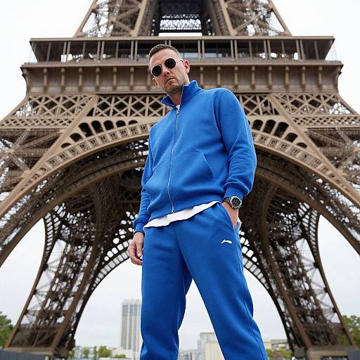 Photograph of a muscular man in bright blue track suit, sunglasses, and watch, standing confidently in front of the Eiffel Tower.