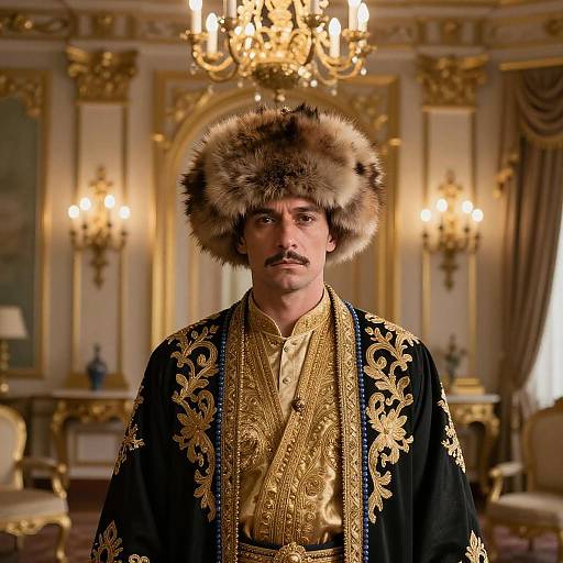 Photograph of a man with a mustache, wearing a fur hat and ornate black robe with gold embroidery, standing in a luxurious, gold-ac