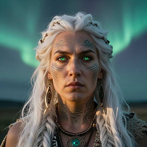 Photograph of a white-haired woman with green eyes, tribal face paint, braided hair, and Nordic jewelry, set against a green Northern Lights sky