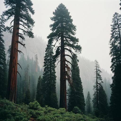 Towering Sequoia Trees in Foggy Mountain Valley