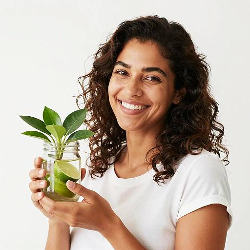 Photograph of a smiling, curly-haired woman with tan skin, wearing a white shirt, holding a mason jar with a green plant.