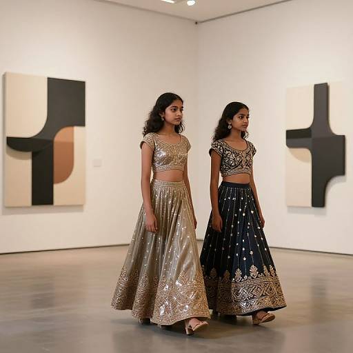 Photograph of two Indian women in traditional lehenga sets, one in gold with intricate patterns, the other in black with gold accents, standing in a