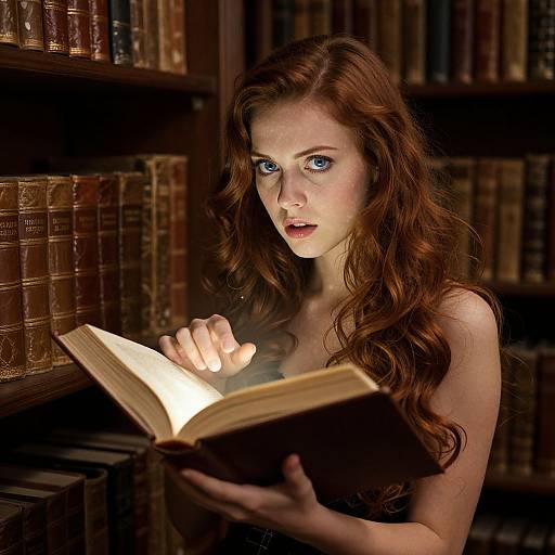 Photograph of a fair-skinned woman with long red hair and blue eyes, reading an illuminated book in a dimly lit, wooden bookshelf-filled