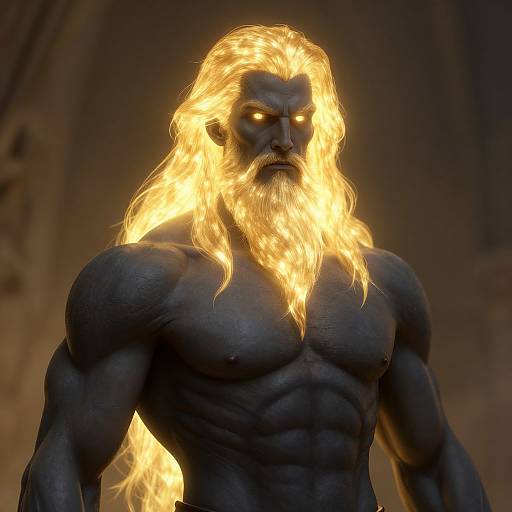 Digital CGI of a muscular, black-skinned, glowing-eyed, fiery-maned demon with a stern expression, standing in a dimly lit, stone