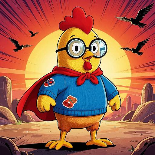 Cartoon chicken with glasses, red scarf, and blue sweater stands heroically at sunset, three birds flying, rocky landscape behind.