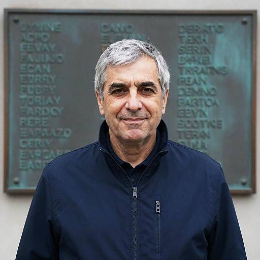 Middle-aged Man in Dark Blue Jacket by Plaque