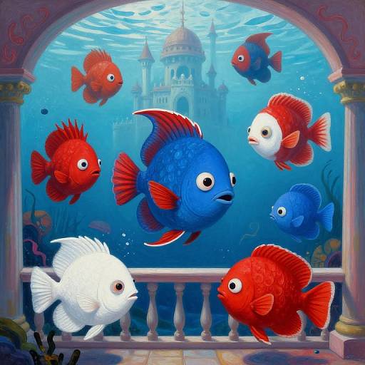 Digital illustration of colorful fish (red, blue, white) swimming in a blue underwater archway with a distant, submerged dome.
