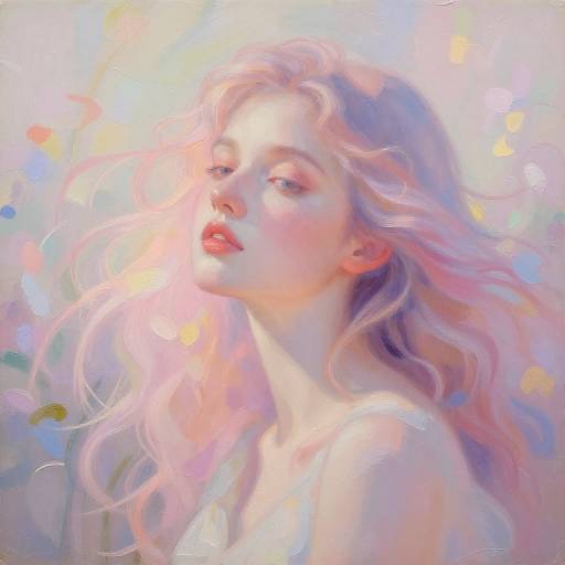 Digital painting of a fair-skinned, pink-haired woman with soft, wavy hair, light makeup, and a dreamy expression, set against a