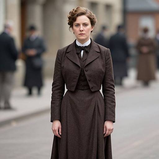 Photograph of a serious Victorian-era woman in a black dress and jacket, standing in a blurred, cobblestone street with people in the background.