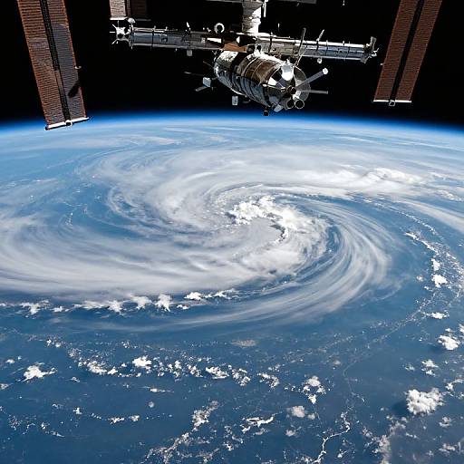 Photograph of Earth from space, showing a large white hurricane swirl over blue oceans, with a spacecraft and two satellite panels in the top background.