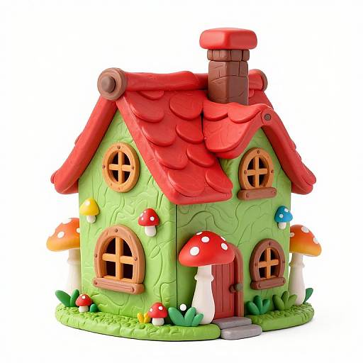 Whimsical, colorful wooden playhouse with a red shingled roof, green walls, mushroom accents, and wooden windows, set on a grass