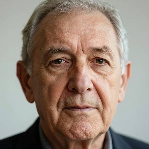 Close-up photograph of an elderly man with gray hair, wrinkles, and light skin, wearing a dark jacket, against a plain white background.