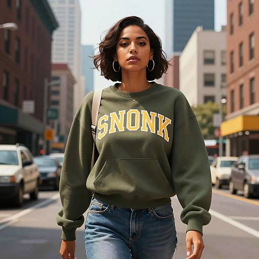 Photograph of a confident woman with wavy black hair, wearing a green 