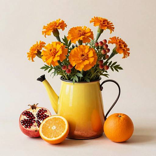 Bright Yellow Kettle with Marigolds Still Life