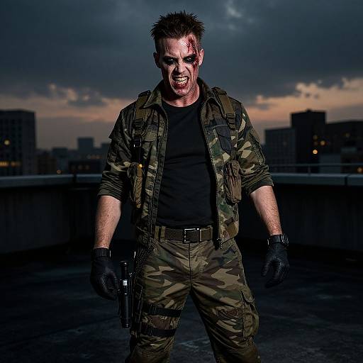 Photograph: Grizzled, blood-streaked man with spiked hair, black t-shirt, camo jacket, and gloves, standing on rooftop
