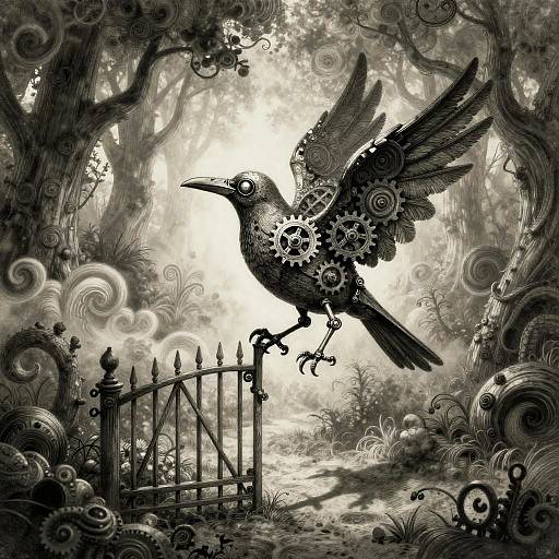 Gothic Clockwork Crow in Enchanted Forest