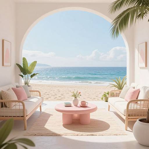 Photograph of a bright, airy coastal living room with white wicker furniture, pink cushions, and a large archway opening to a sandy beach and