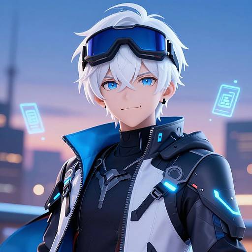 Anime-style digital artwork of a white-haired, blue-eyed young man with cybernetic goggles, wearing a black and white futuristic jacket, against a city