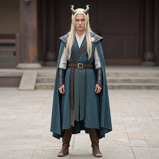 Photograph of a stern-looking, blonde woman with Viking horns, wearing a dark blue medieval robe, leather belt, and brown sandals, standing in a