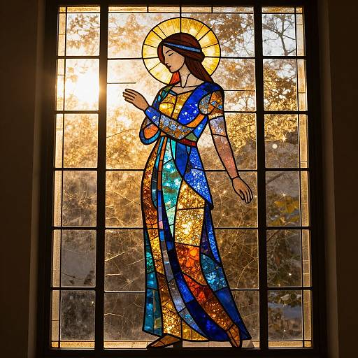 Stained glass window of a serene, haloed woman in a blue, star-patterned robe, standing with hands in prayer, sunlight behind.