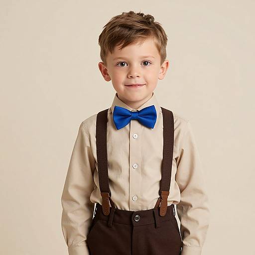 Photograph of a cute young boy with short brown hair, wearing a beige shirt, blue bow tie, black suspenders, and black pants, smiling