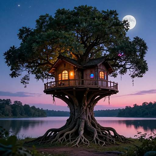 Photograph of a wooden treehouse with glowing windows, perched high in a large tree by a serene lake at twilight, under a full moon.